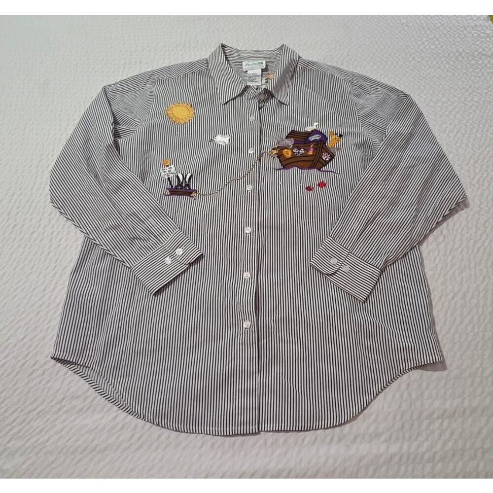 Quacker Factory Women Large L Black White Stripe Noah' Ark Shirt Vintage Novelty
